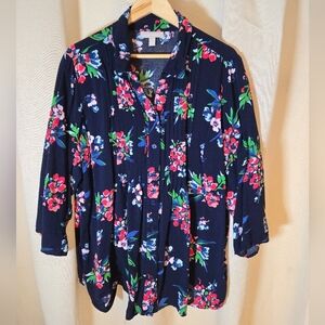 Woman Within Navy Floral Button Down Shirt/Tunic So Pretty!